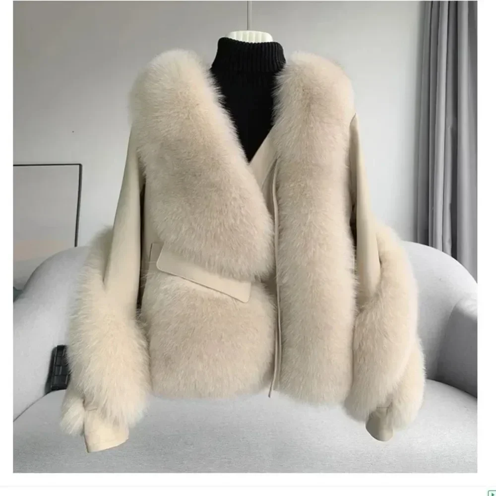 2024 Autumn-winter Fur Onesie Women\'s Fox Fur Coat Spliced Sheepskin Motorcycle Coat Thickened Warm Package Winter Coat Women