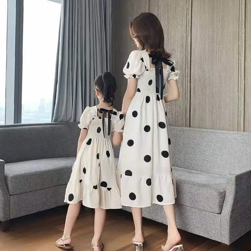 Mother and Girls Polka Dot Dresses Summer New Fashion Children\'s Clothing Small Fresh Puff Sleeve Parent-child Princess Dress 8y