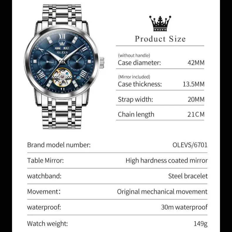 OLEVS Original New In Men\'s Automatic Mechancial Watches Luxury Skeleton Multi-functional Classic Waterproof Wristwatch for Men