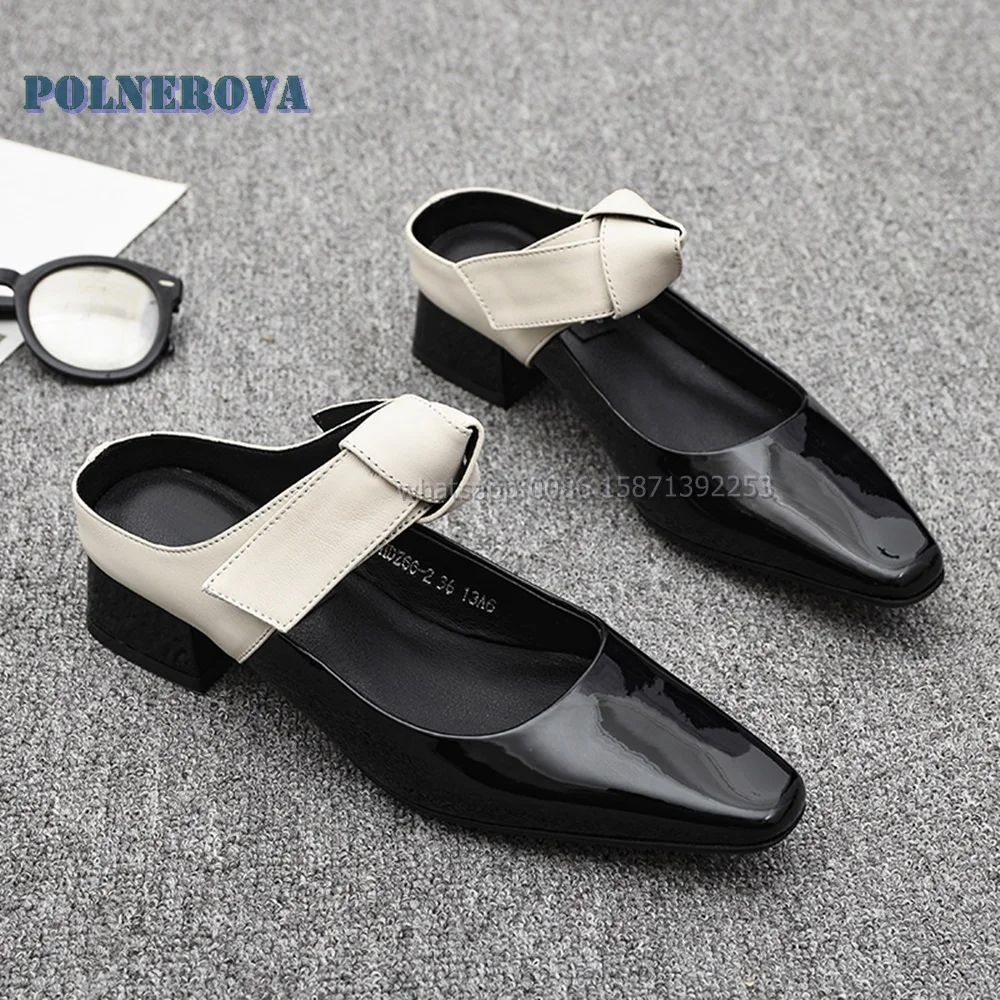 

Bowknot Bicolor Slip On Slides Pointed Toe Square Heel Shallow Patent Leather Women Mules Elegant Retro Luxury Shoes 2024 Summer