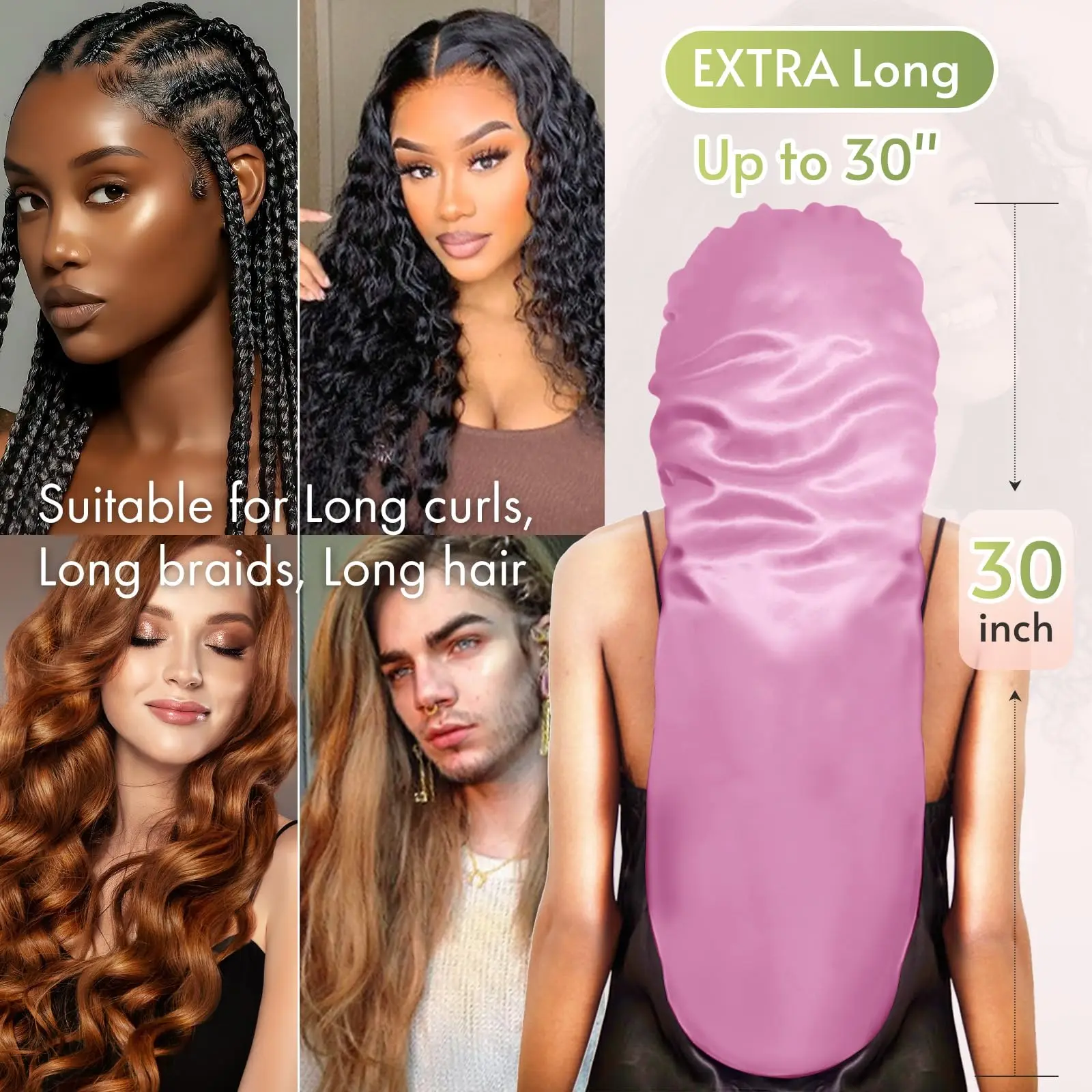 BONNET QUEEN Braid Bonnet Silk Foldable Extra Long for Braids Satin Sleeping Hair with Tie Band Sleep Cap Dark Rose Gold