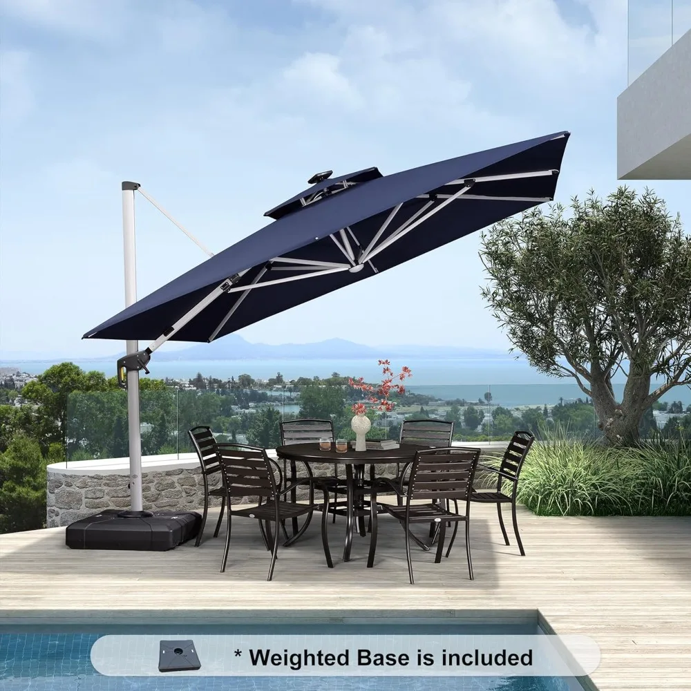 11 Feet Solar Powered LED Square Cantilever Umbrella With Base Patio Umbrellas Windproof Hanging Umbrellas Outdoor Umbrella