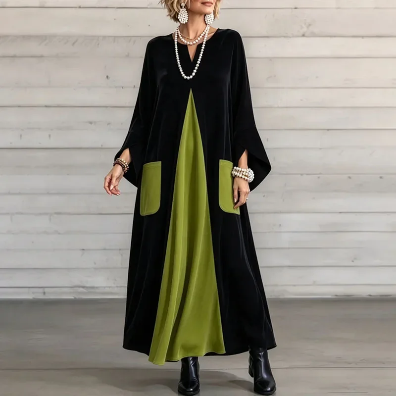 Women Color Block Velvet Maxi Dress V Neck Long Sleeve Contrast Patch Pockets Loose Flowy Long Dress Evening Holiday Party Dress