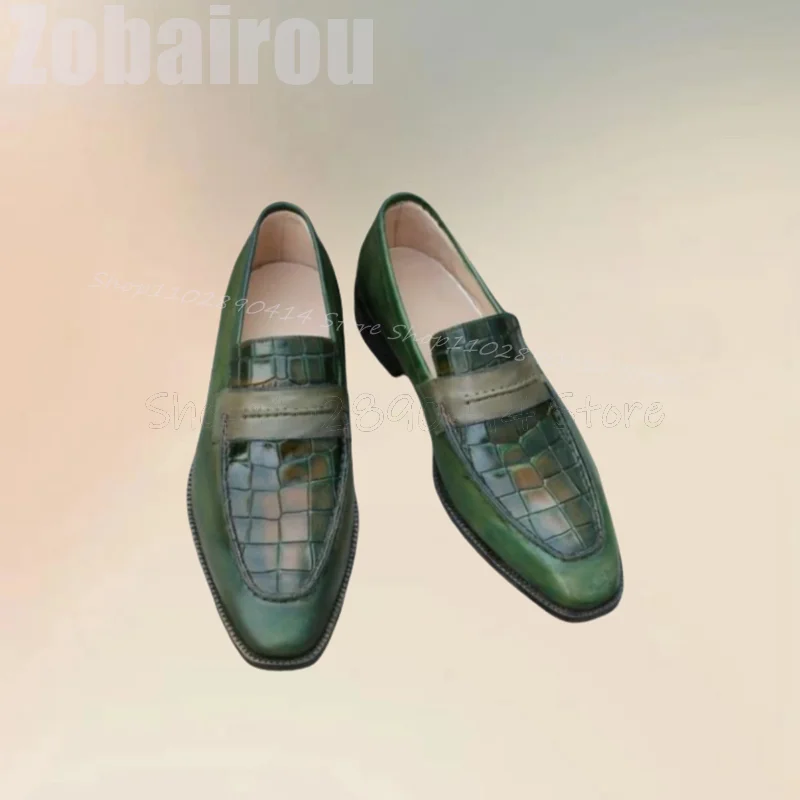 

Green Crocodile Print Sewing Design Men Loafers Fashion Slip On Men Shoes Luxurious Handmade Party Feast Banquet Men Dress Shoes