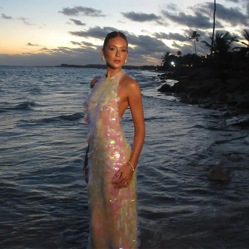 Chic Shinning Sequins Maxi Dress For Women Backless Sleeveless Halter Robes 2025 New Lady Spring Summer Vacation Beach Dresses image 3