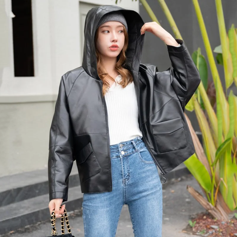 เสื้อหนัง Hooded Cape ผู้หญิงเกาหลี Casual หลวม Batwing แขนซิป Sheepskin ฤดูใบไม้ผลิของแท้หนัง Outerwear