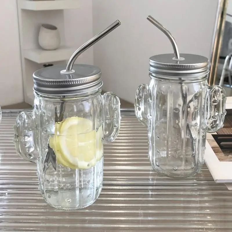 500ml Summer Cute Cactus Water Bottle Glass Cup Transparent Drinking Milk Coffee Straw Cup Beer Cola Juice Cold Drinkware