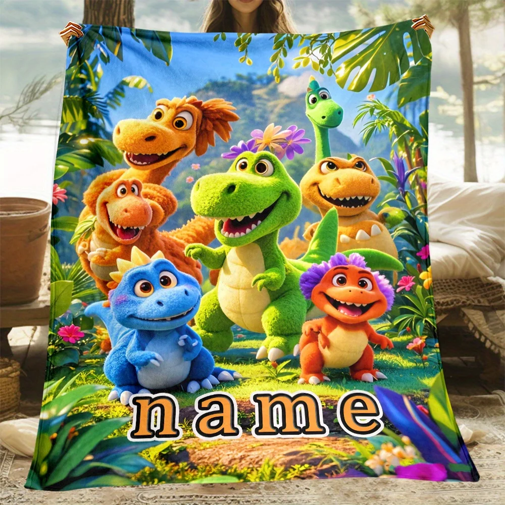 Personalisierte Flanelldecke mit individuellem Namen, 1, hochauflösender Cartoon-Dinosaurier-Druck, leichte Überwurfdecke aus Wildleder