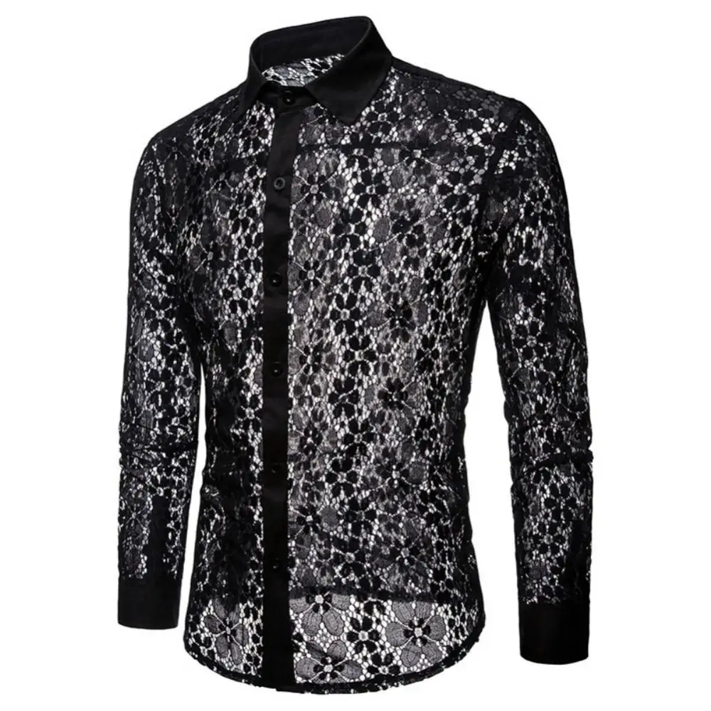 Men Shirts Sexy Mesh See Through Fishnet Clubwear Long Sleeve Solid Color Lace Button Down Shirt Soft Transparent Chemise Shirt