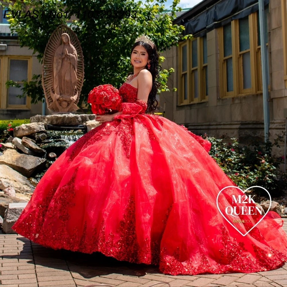 

EVLAST Customized Mexican Red Quinceanera Dress Ball Gown Lace Applique Sequins Beading Sweet 16 Vestidos De 15 Anos E1QN531
