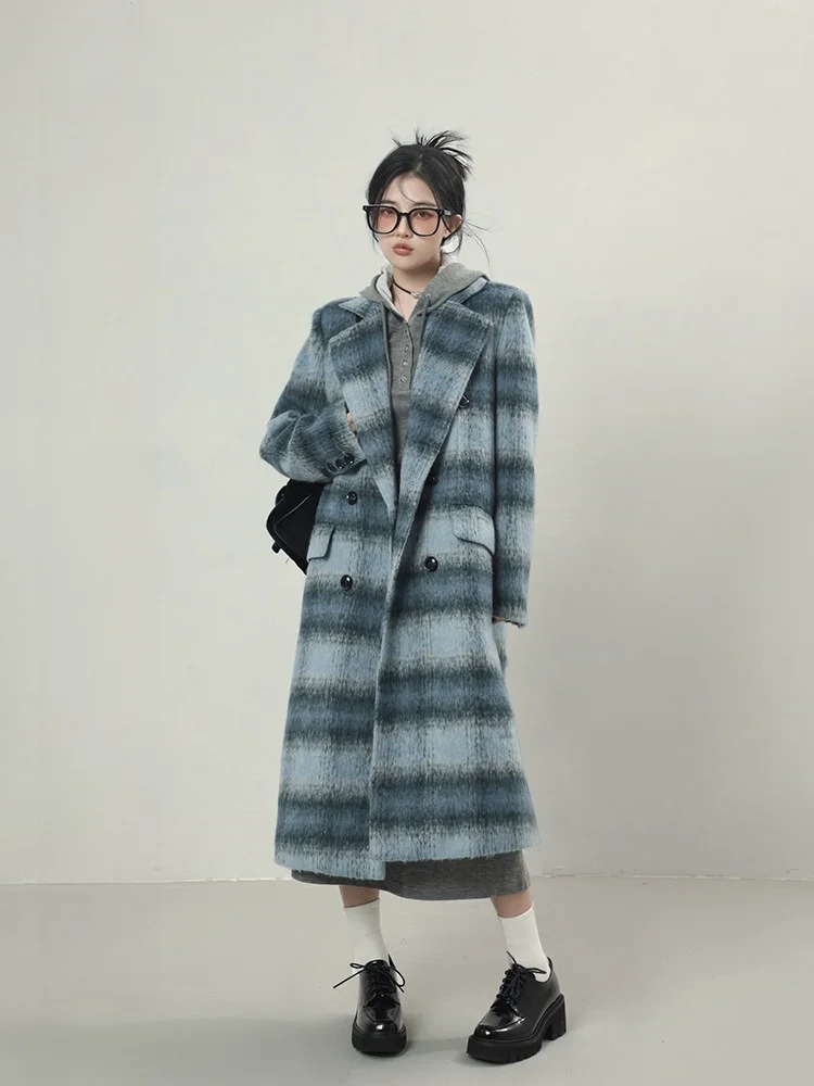 

Blue Plaid Woolen Coat Women's Winter Mid-Length Suit Sle Double Breasted Long Sve Korean Version Commute Pattern