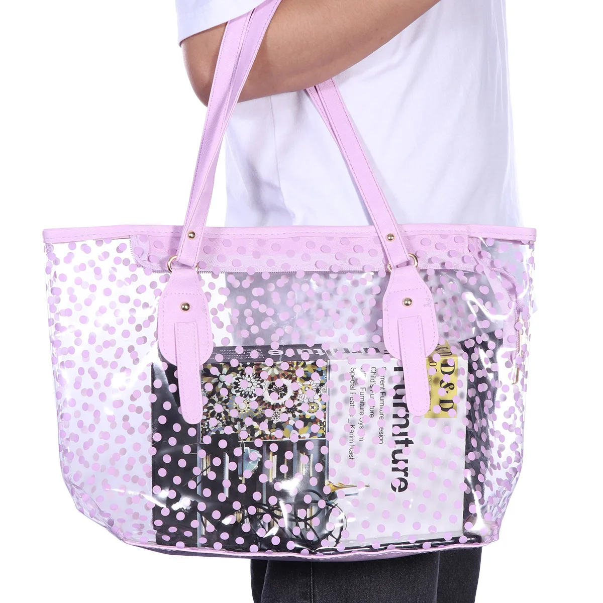 1Pcs Waterproof Beach Bag PVC Material Fashion Round Dots Pattern Long-Lasting Women Handbag Lightweight Stylish Tote Pink