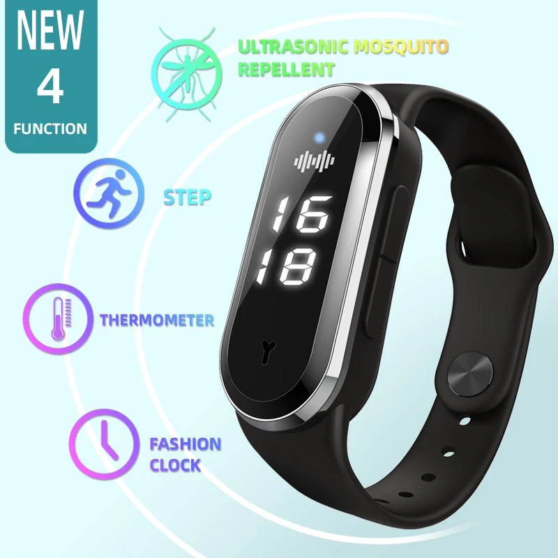 Pulsera repelente de mosquitos con ondas de sonido para exteriores, reloj electrónico, contador de pasos, monitoreo de temperatura corporal