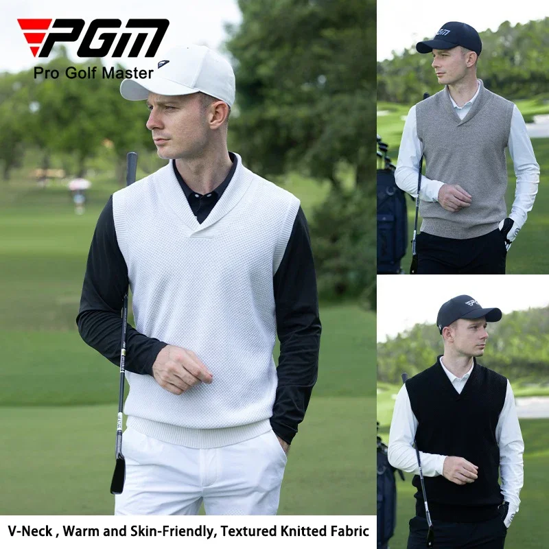 PGM 2024 Men Knitted Warm Golf Vest Winter V-neck Sleeveless Golf Sweater Autumn Windproof Solid Shirts Leisure Sports Waistcoat