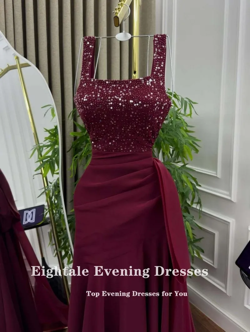 Eightale Arabisch Abendkleid Abendkleid Angepasst Spaghetti Strap Burgund Pailletten Hochzeit Party Kleid Meerjungfrau Roben De Soirée