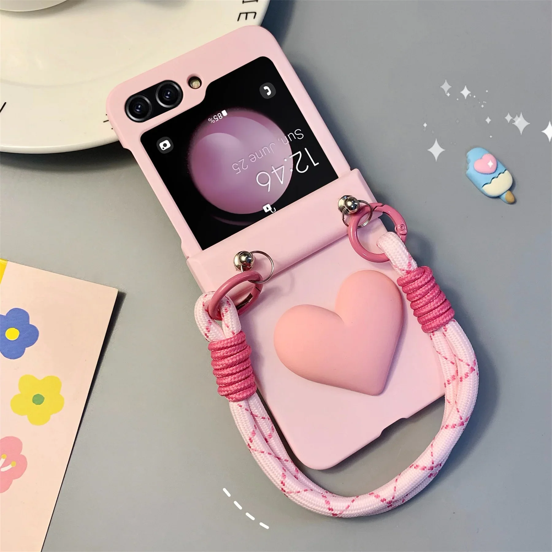 Kawaii Fashion Simple Pink Love Portable Rope Chain Case for Samsung Galaxy Z Flip 5 Flip5 ZFlip5 Shockproof Back Cover