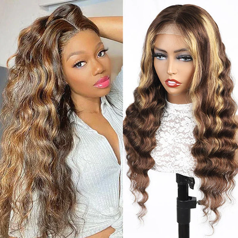 Long Wavy T Part Lace Front  hair Wig Ombre Brown Blonde Highlight Wigs