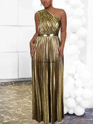 Elegant Women Even Dresses Luxury Maxi Long Metallic Pleated Dress One Shoulder Sleeveless Premium Shiny Shimmer Gowns Big Size