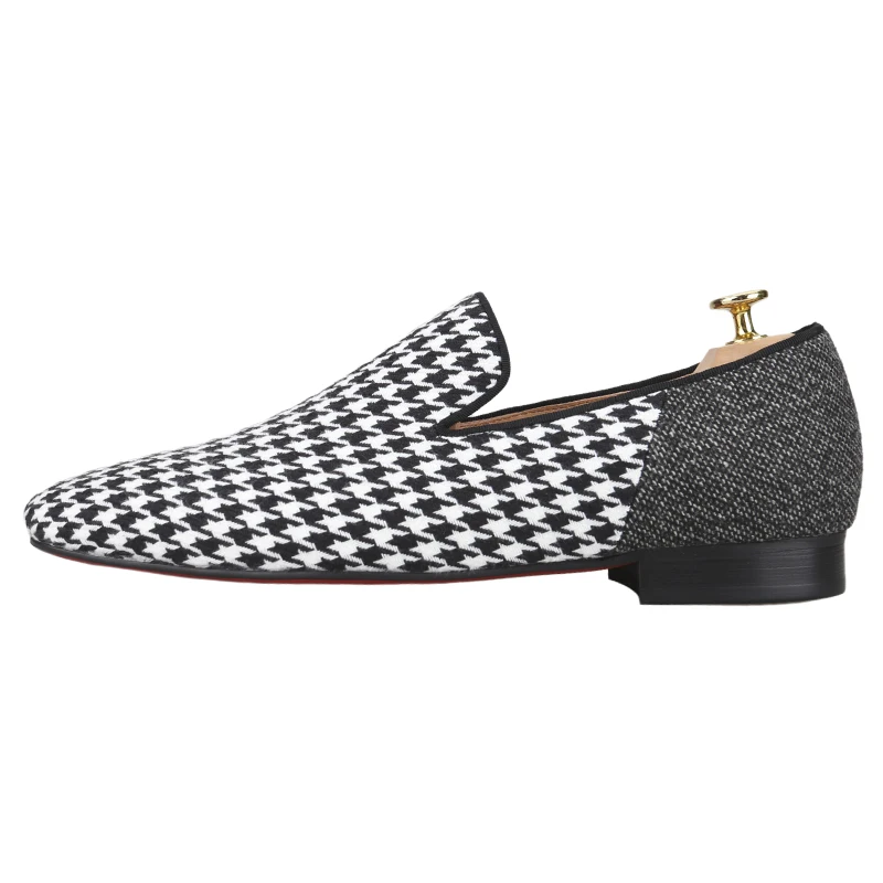Piergitar Brand Classic Houndstooth Patchwork Fabrics Men‘s Loafers For Party And Banquet Handmade Slip-On Slippers Plus Size