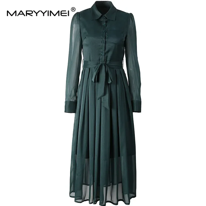 

MARYYIMEI Autumn Winter New Style Women's Dress Turn-Down Collar Single-Breasted Lace-Up Long-Sleeved Pleated Dresses