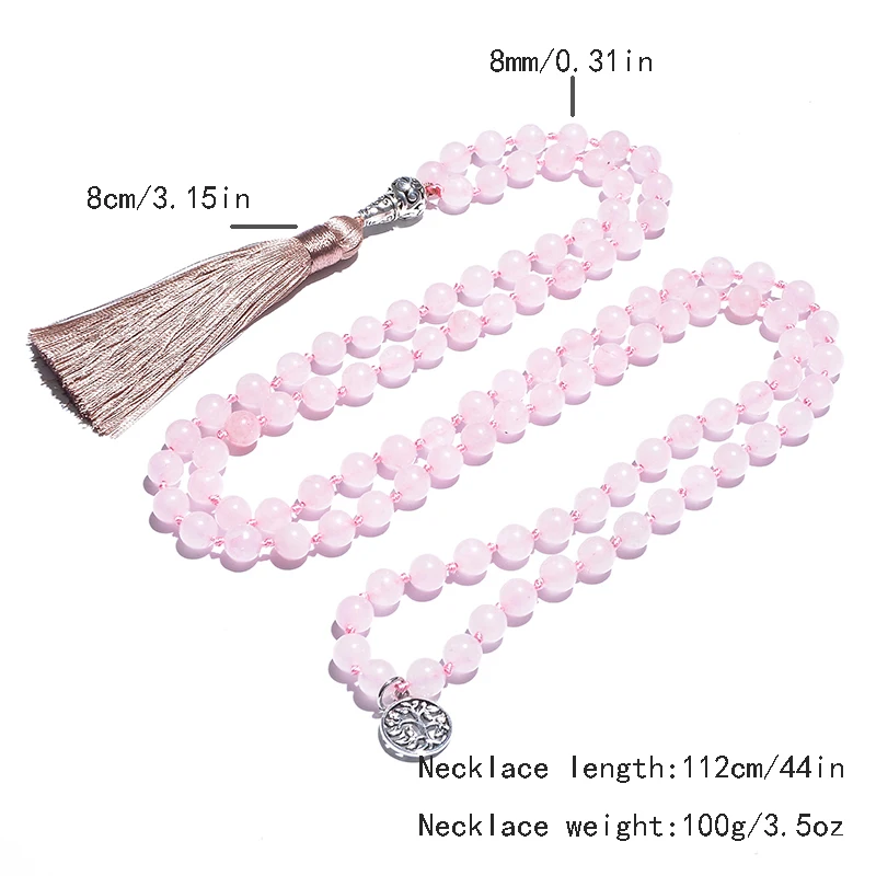 8mm Rose Quartz Necklace Bracelet Set 108 Mala Beads Jewelry Meditation Yoga Prayer Japamala for Women