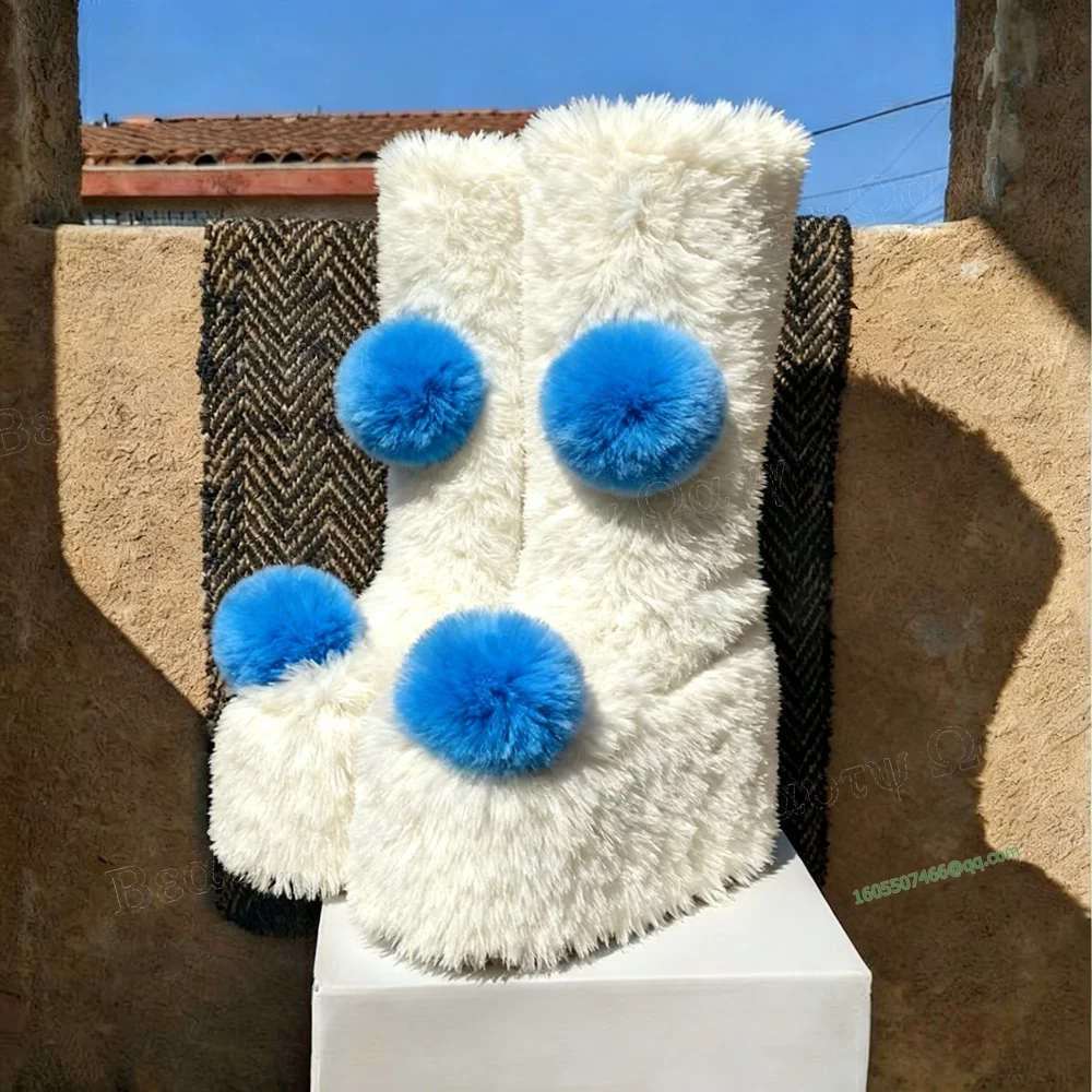 

Blue Fur Ball Decor Platform White Boots Wedges Heel Mid Calf Round Toe High Shoes for Women Heels Shoes Zapatos Para Mujere
