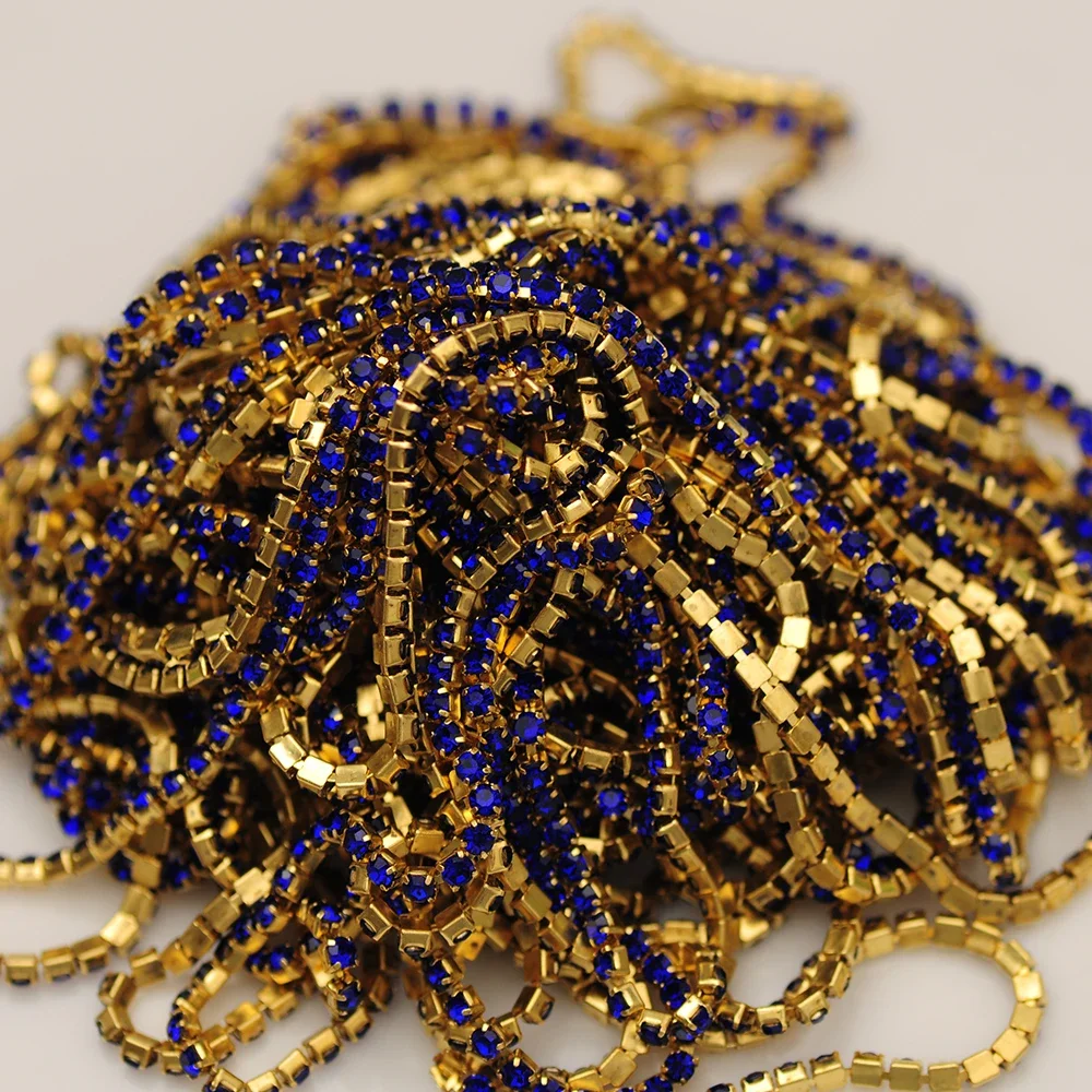 YANRUO 10 Meters Sapphire Gold Chain Sewn Rhinestones DIY Rhinestones Gold Claws Crystal For Gymnastic Dress