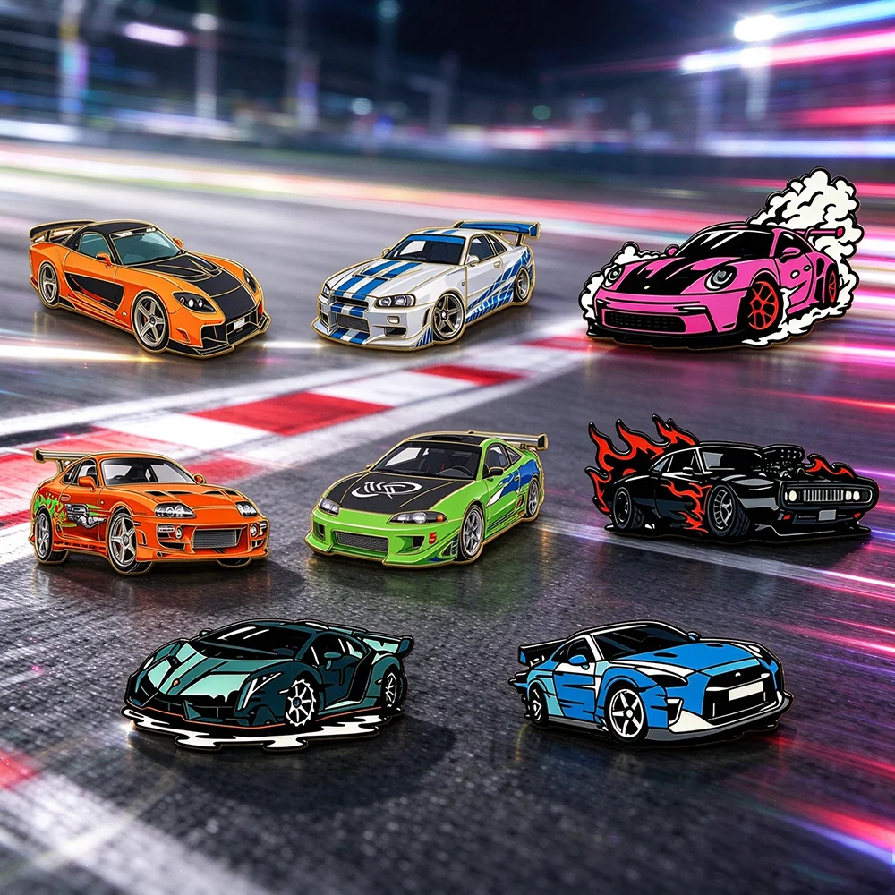 4/8Pcs Fast & Furious Sports Race Car Metal Lapel Brooches Classic Racing Vehicle Badges Collectible Pin Jewelry Gift for Fans