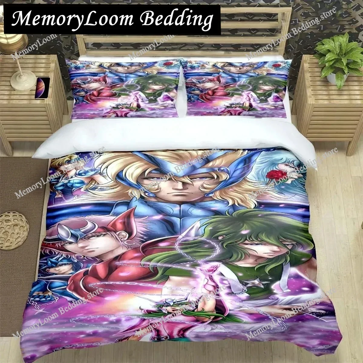 Saint Seiya 3D Bedding Set Black Duvet Quilt Cover Set Comforter Cover Pillowcase King Queen Size Polyester Quilt Cover