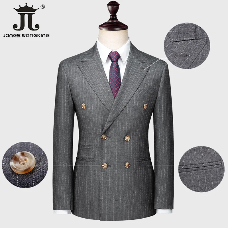 ( Jacket + Vest + Pants ) Luxury Striped Men\'s Formal Business Double Breasted Suit 3Piece Set Groom Wedding Dress Grey Suits