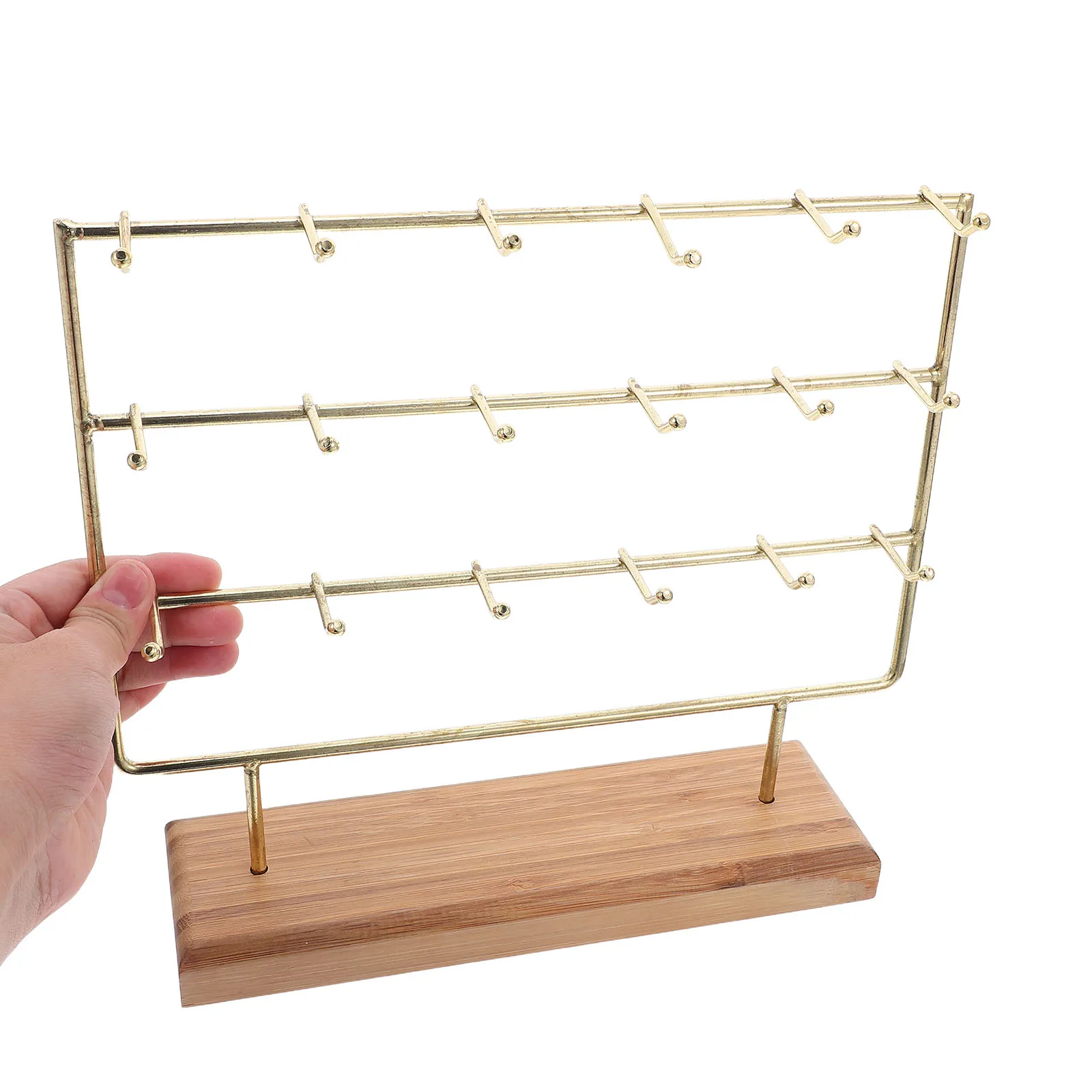 

3 Tier 18 Hooks Jewelry Organizer Stand Solid Wood Base Iron Display Rack Bracelet Necklace Holder Rack Retail Display