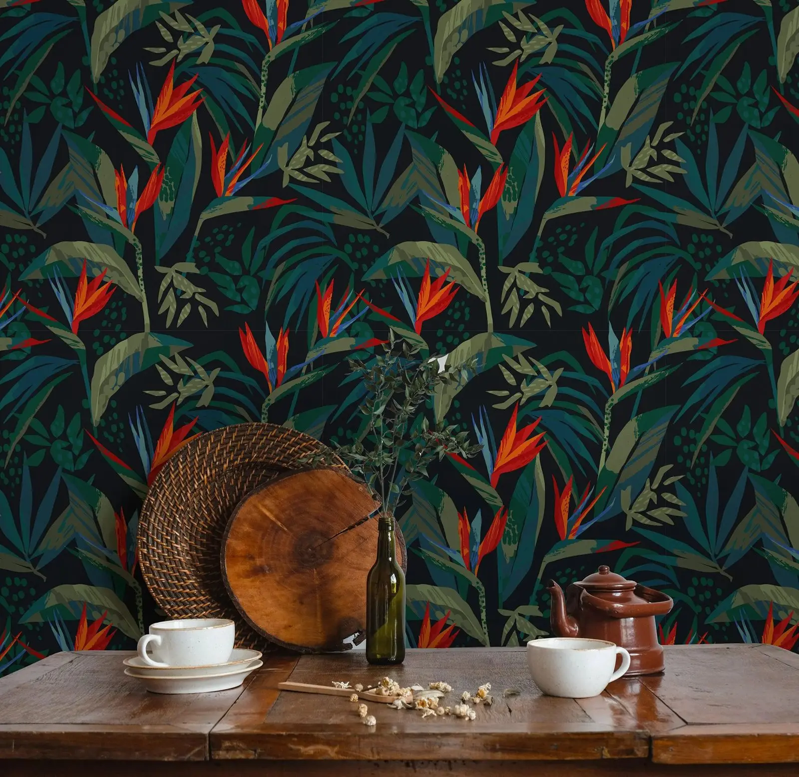 Botanical & Floral Wallpaper Peel and Stick,Vintage Red Wall Mural For Home Decor, Eclectic Tropical Flowers Non-woven Wallpaper