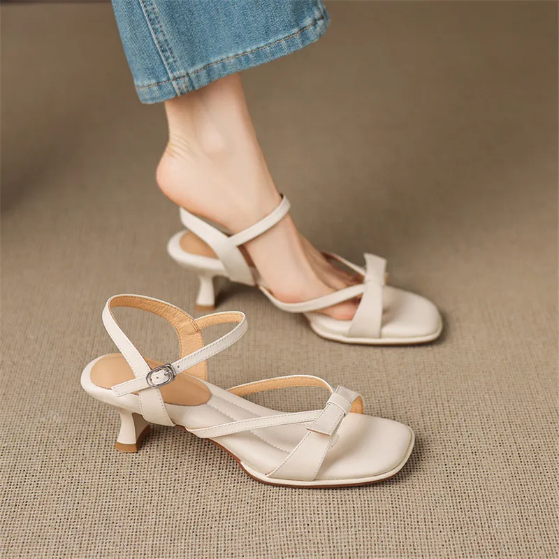 New Summer Sandals Split Leather Women Shoes Square Toe Shoes for Women Fashion Retro Open Toe Roman Sandals Handmade High Heels
