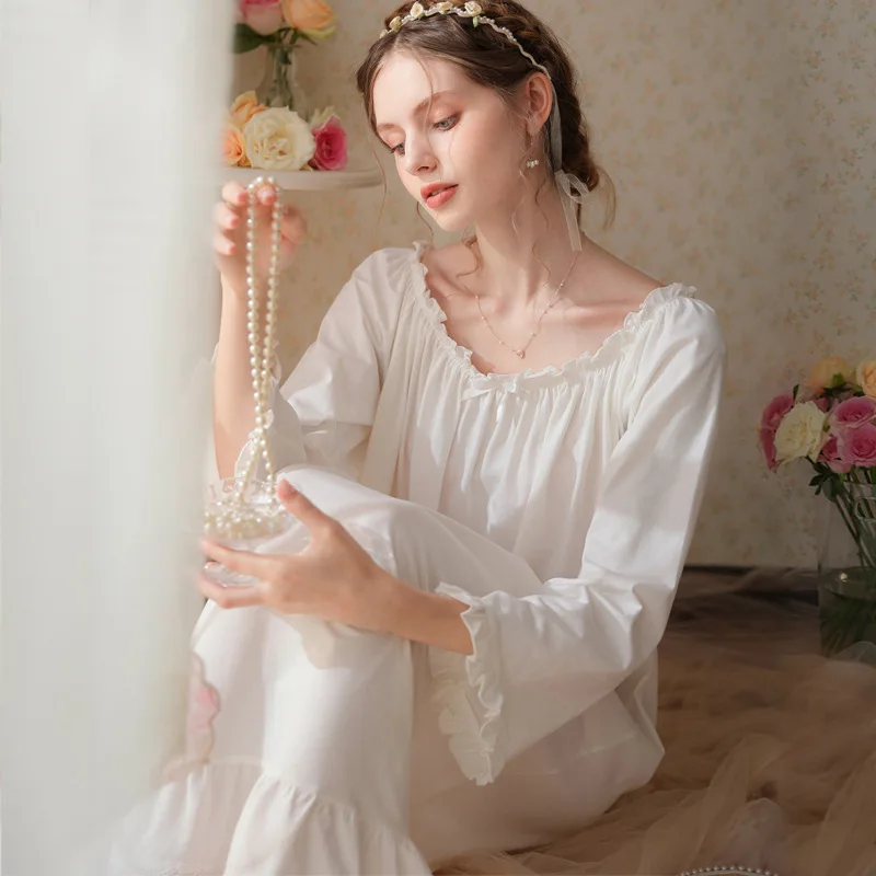 Vintage Cotton Loose Night Dress Women Spring Autumn Kawaii Ruffles Long Sleeve Sleepwear Princess Nightwear Nightgown Home Wear