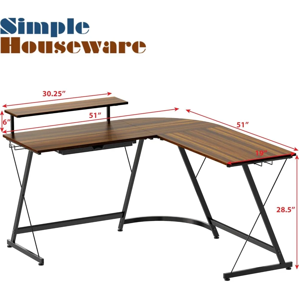 Vista L-Shape โต๊ะพร้อมขาตั้งจอ, วอลนัท