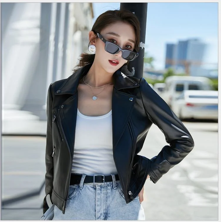 black classic Free shipping.Wholesales.cheap sheepskin coat.women cool biker leather jacket.slim short leather clothes