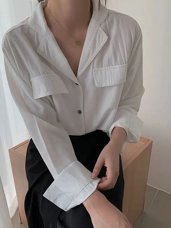 

Autumn Temperament Women's Long Sleeve Suit Collar Shirt Cleanfit Style Synthetic Fabric A-Line Sleeve Thin Non-deformable