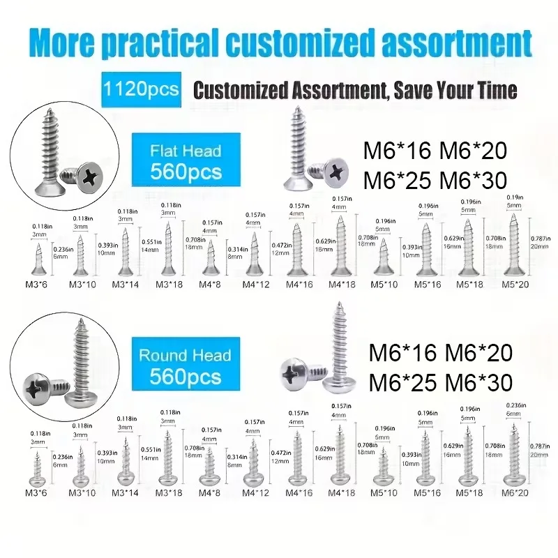 1120PCS304 stainless steel cross pan head countersunk head self-tapping screw set wooden screw box