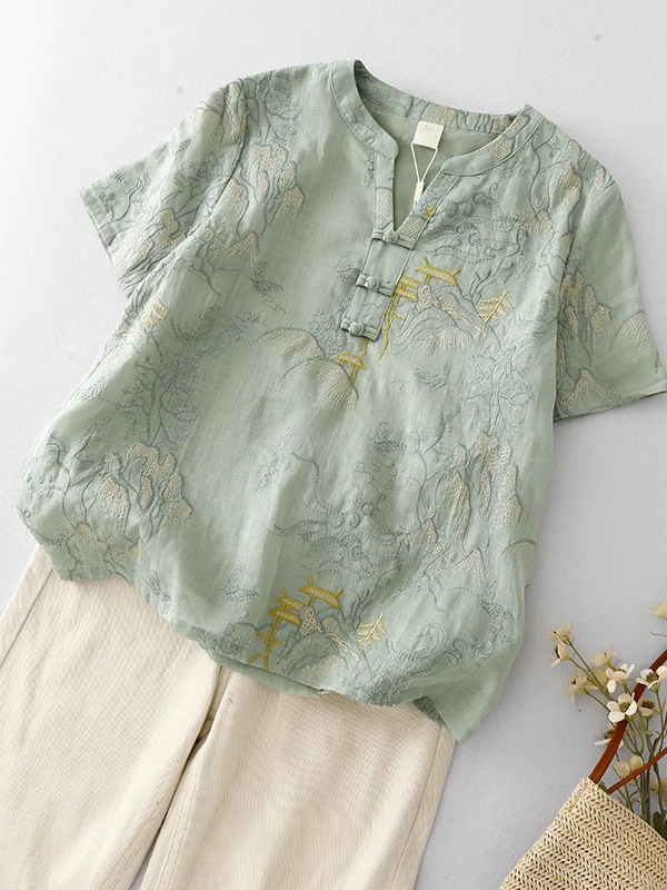

Elegant Chinese Style Short Sleeve Embroidered Shirt Women's Fashion Retro Button Design Cotton Top Comfortable V-Neck Blouse