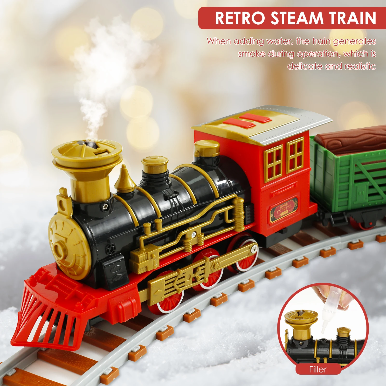 New Retro Electric Train Track Toy Set Electric Steam Rail Train with Spray with Light and Sounds Children Toy Christmas Gift