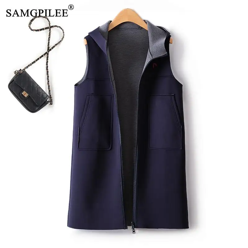 

Sweet Casual Mid Length Waistcoat Sleeveless Jackets Two Sided Wearing Contrasting Color Hooded Air Cotton Drape Vest For Women