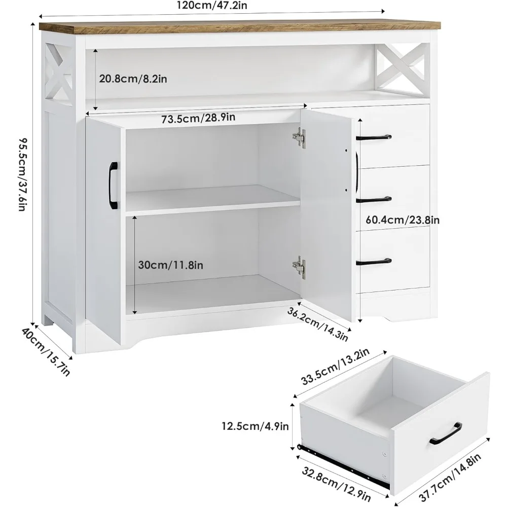 HOSTACK-Modern Farmhouse Aparador Buffet Armário Cozinha Armário De Armazenamento Com Gavetas E Prateleiras, Armário De Café De Madeira