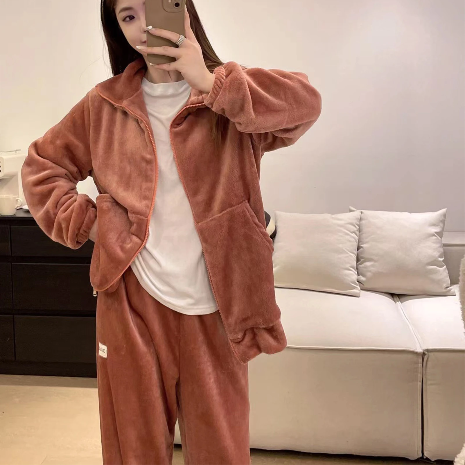 Simple Solid-color Nightclothes Suit Comfortable Warming Sleepwear For Daily Wear