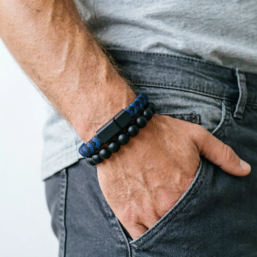 Stylish Men Bracelet Set 2Pcs Premium Selected Leather Cord Charm Braslet 2 Sizes Available Casual Versatile Wrist Accessory