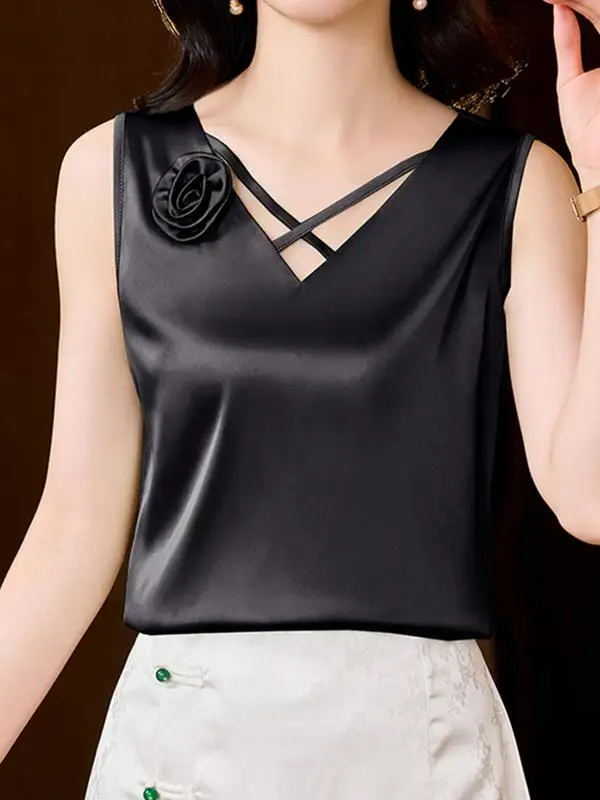 سترة بيضاء بدون أكمام للنساء، ملابس داخلية للربيع والخريف، من الساتان الأسيتات، تصميم أنيق بياقة على شكل V، طبقة أساسية، ملابس خارجية، مقاسات كبيرة، قمة أنيقة
