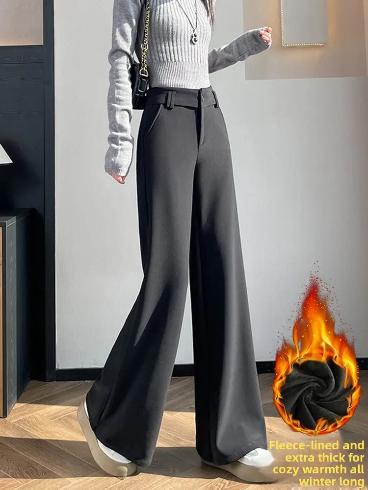 بنطلون نسائي واسع الساق بخصر مرتفع من ثينيد، سروال كاجوال للربيع والخريف والشتاء، مقاسات كبيرة، فضفاض وانسيابي