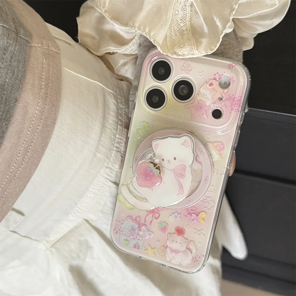Kawaii Cute pink cat Magnetic Phone Case for iPhone 15 Pro 16 17 Pro Max Cover Cute Cartoon Cases For Magsafe Stand Funda