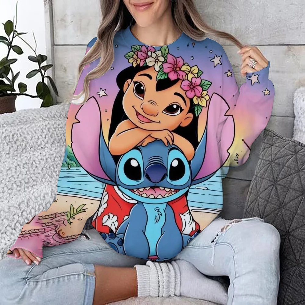 Women's Fashion Hoodie Disney Stitch print Fashion Autumn Daily Long Sleeve Round Neck Loose Pullover Cartoon Boho Style Sweatsh