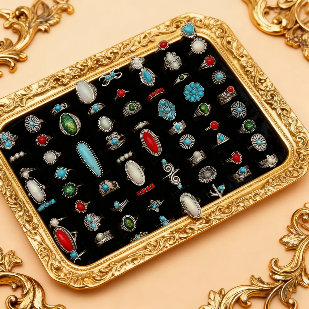 10/20/30/50Pcs/Lot Fashion Vintage Natural Stone Geometry  Multicolor Finger Rings For Women Mix Style Gifts Jewelry Accessories