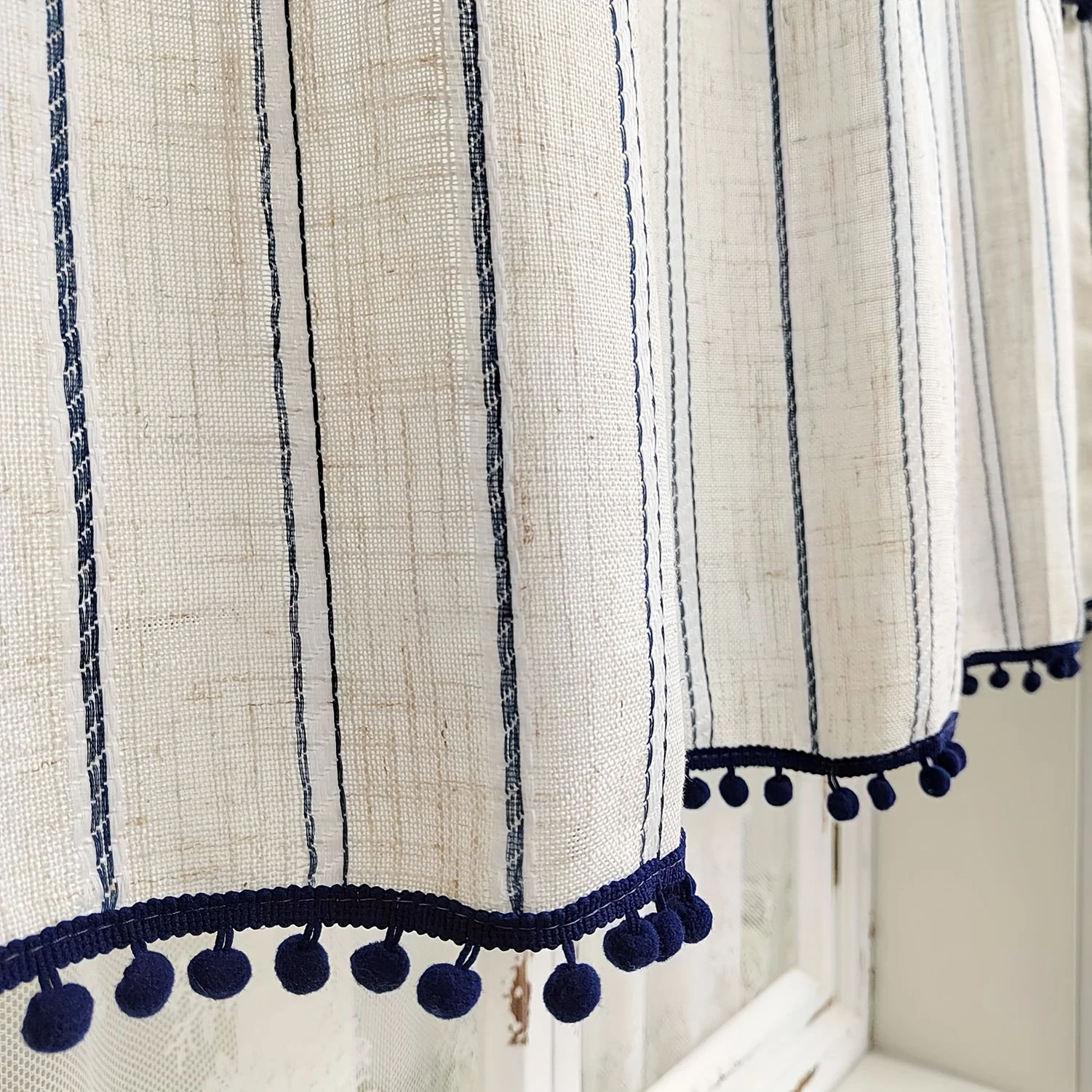 1PC Blue Striped Cotton Linen Short Drapes, Faux Fur Fringe Semi-Transparent Curtains, Kitchen Coffee Shop Restaurant Bar Decor